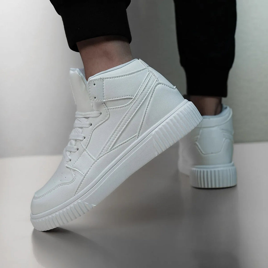 Men's solid white slip-on casual loafers with a rounded toe and microfiber upper.
