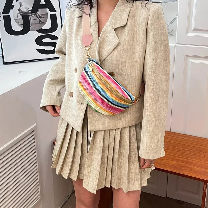 Blue straw woven beach shoulder bag with shell shape and single strap