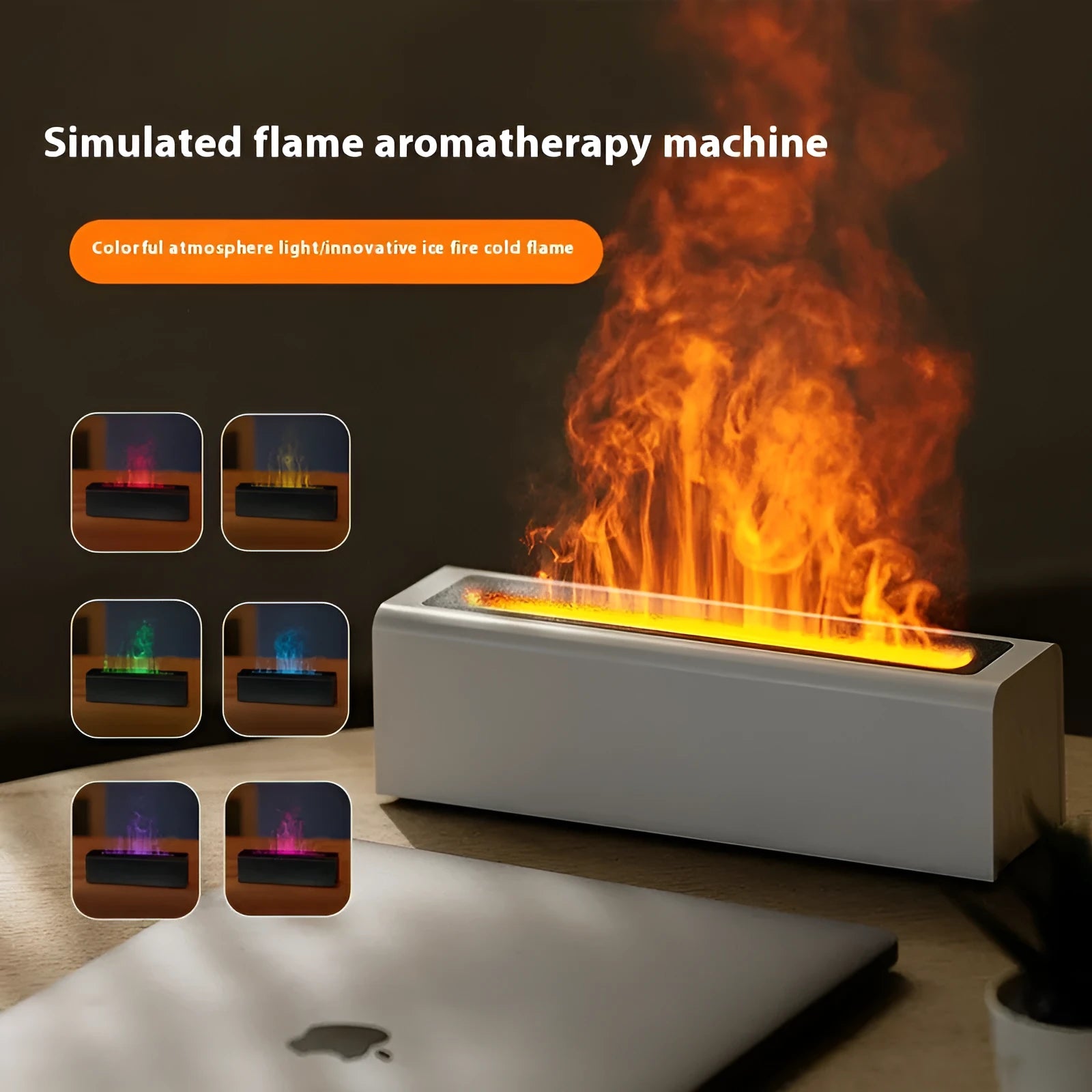Square USB plug-in aroma diffuser with colourful flame lighting effect on wooden surface