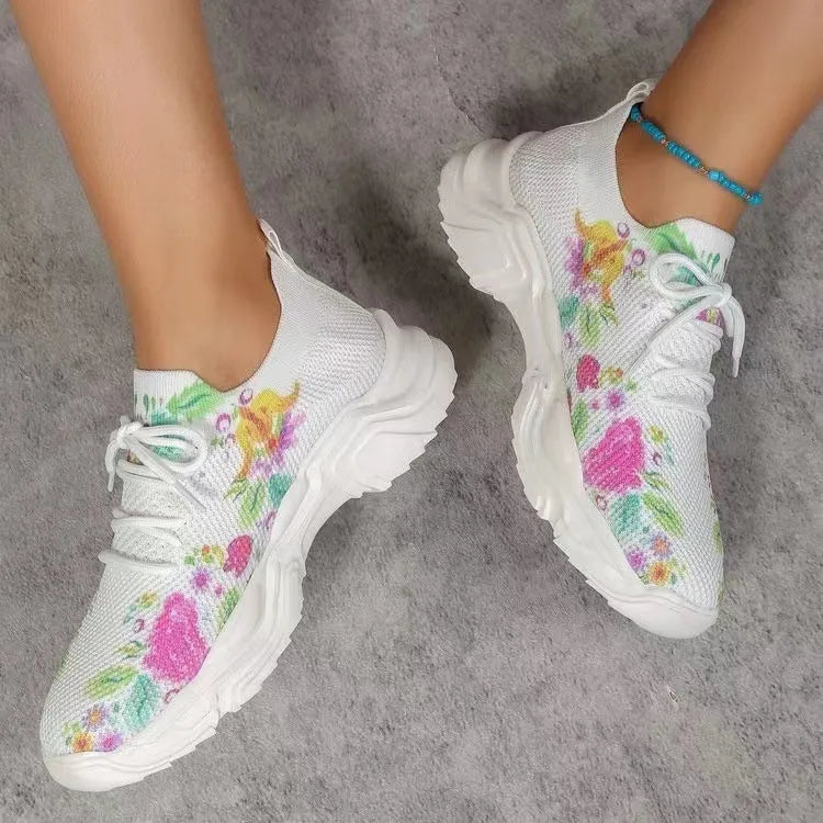 Flyknit slip-on light running shoes with 3D printed flowers, breathable mesh upper, flat heel, available in multiple colours