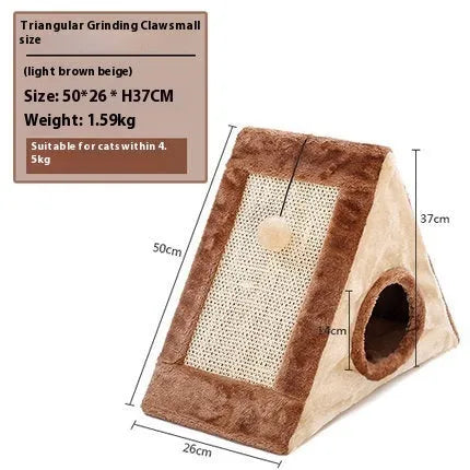 Triangle-shaped cat scratching post and enclosed bed in grey and white colour combination.