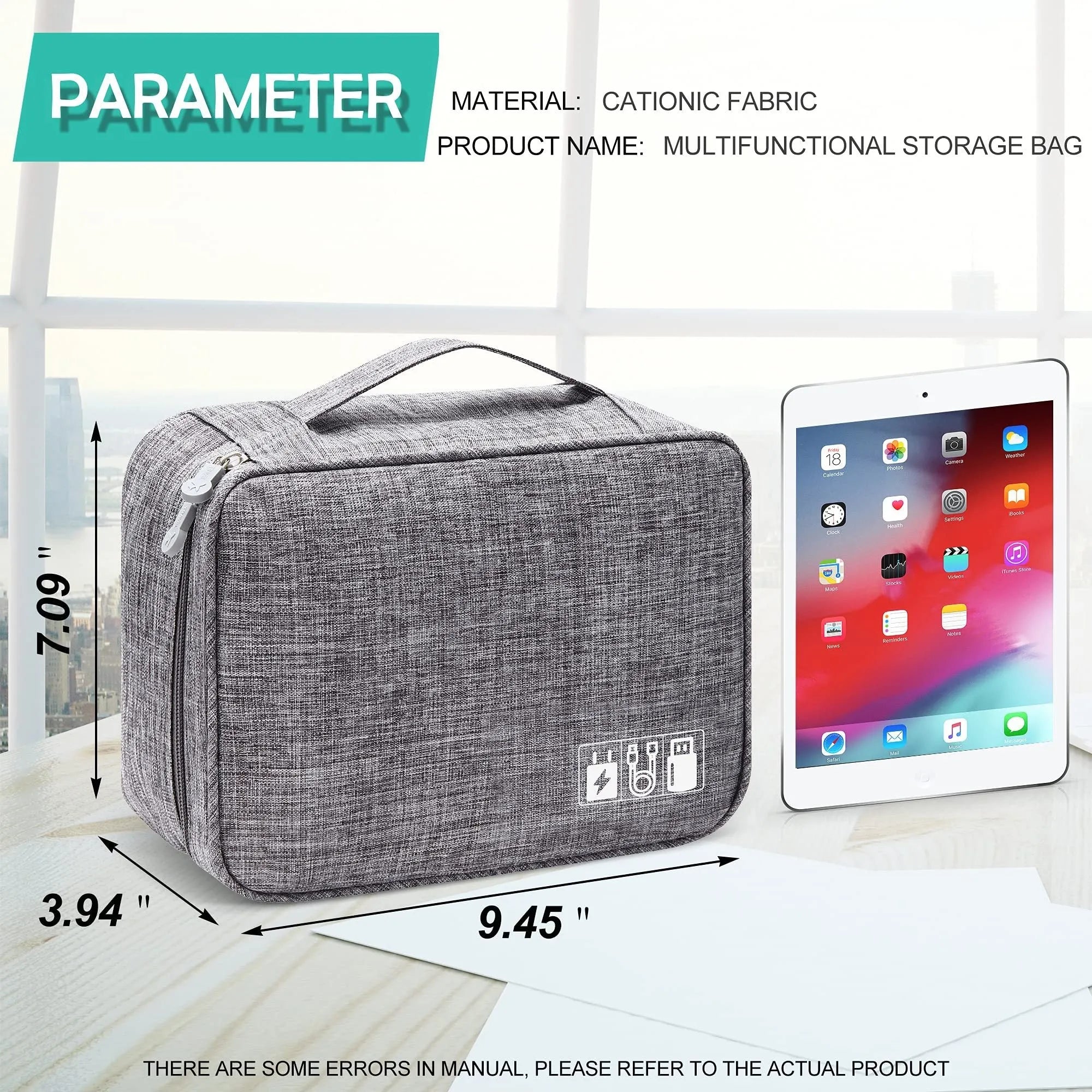 Black travel cable organiser bag open, showing mesh pockets, elastic loops, and removable padded dividers inside.