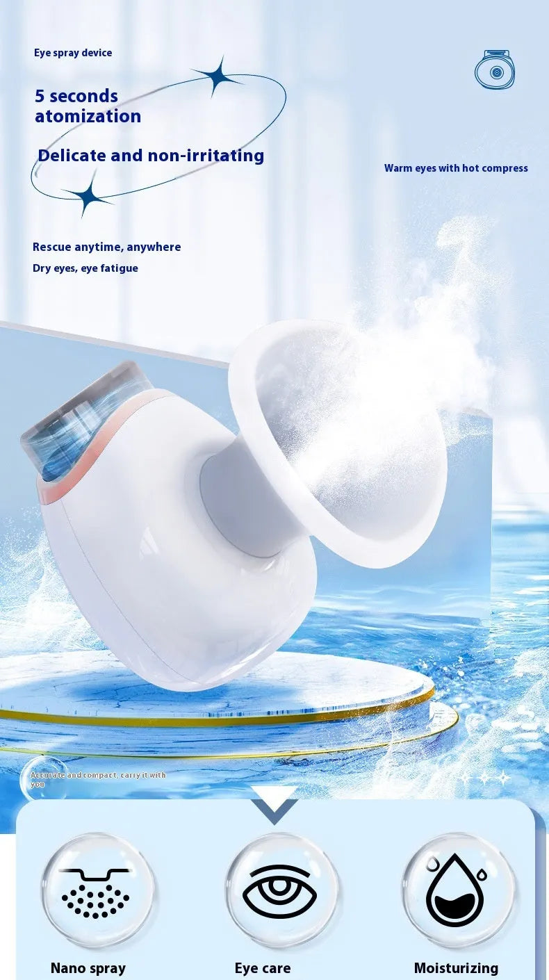 White and purple household eye humidifier with charging cable on a table.