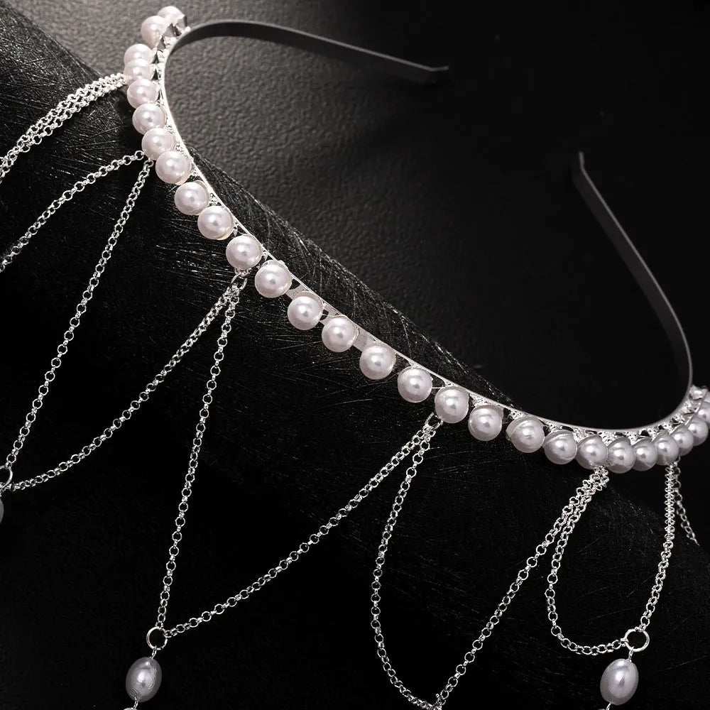 Electroplated mesh tassel hair chain for women in gold or silver with pearl details