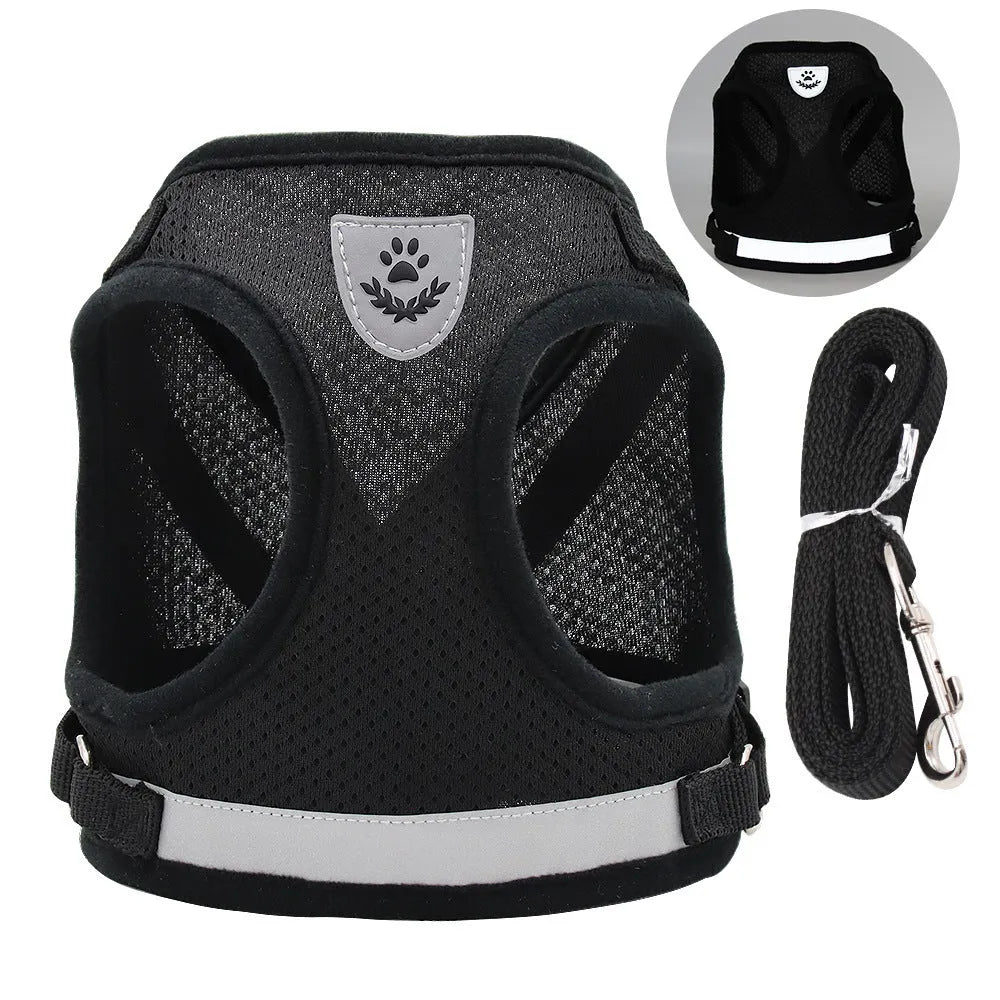 Polyester dog chest strap harness in red reflective small-hole colour, front view on white background