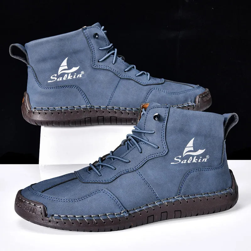 Retro high-top casual boots in artificial PU leather with a round toe and elastic band, shown in beige colour.