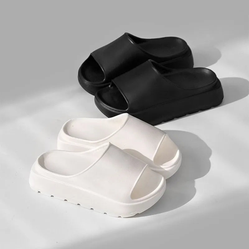 Women's beige fish mouth open-toe slippers with a thick 5.5cm light-coloured EVA sole.