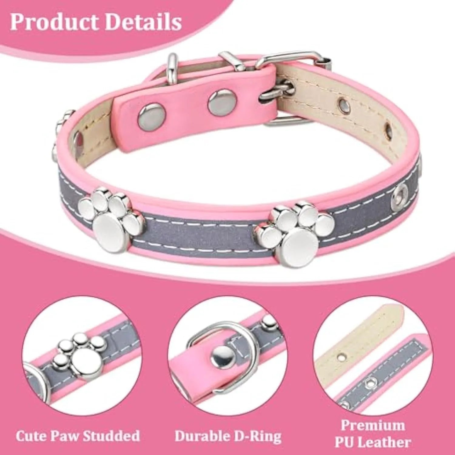 Reflective adjustable leather dog collar with metal buckle and paw rivet on a grey background.