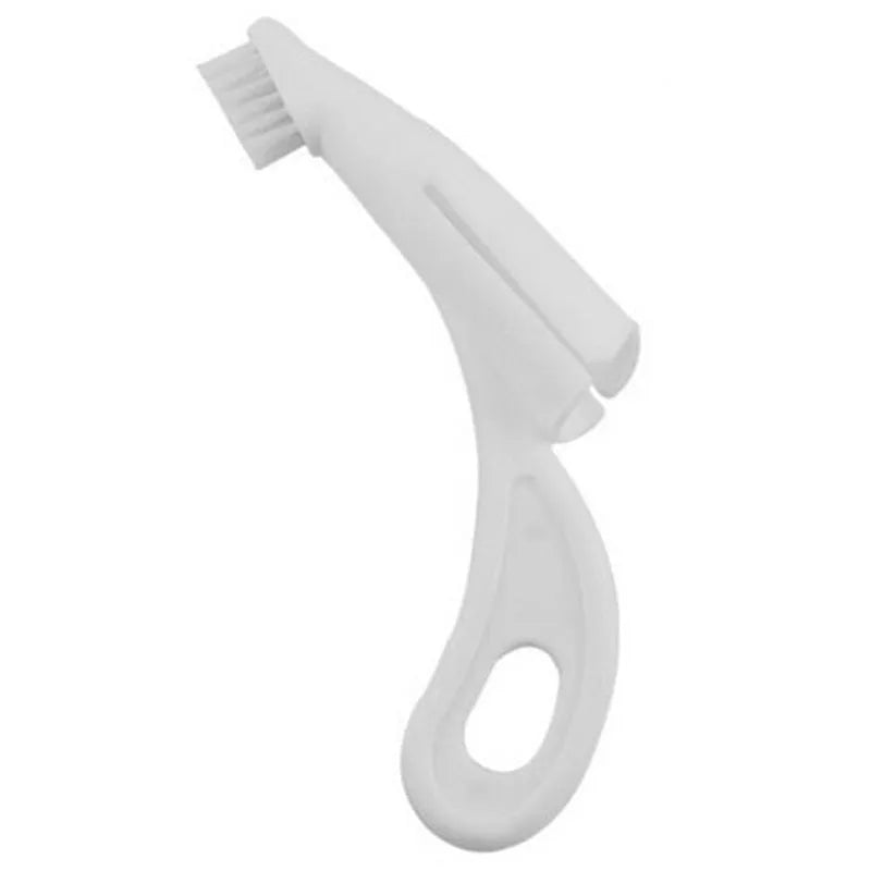 Red and white finger sleeve toothbrush for dog and cat dental care on a blue background.