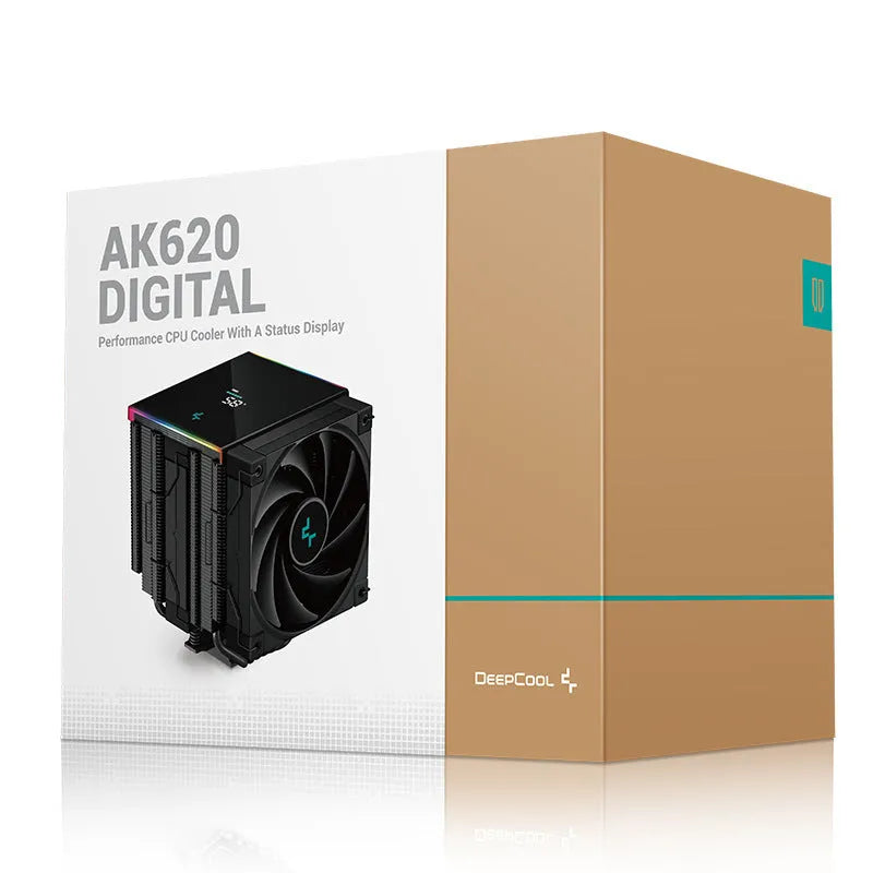 Black and white tower CPU air cooler with heat sink fins and digital display for PC computer case.