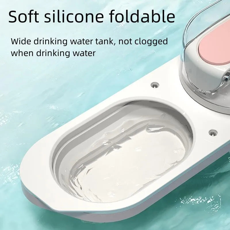 Portable plastic dog water bottle with attached foldable drinking bowl in blue colour for outdoor travel
