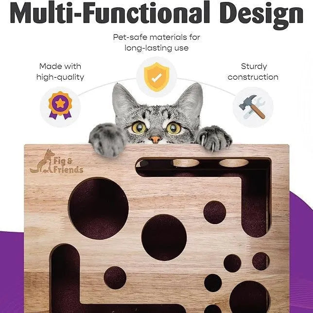 Solid wood square maze cat toy on wooden table natural colour