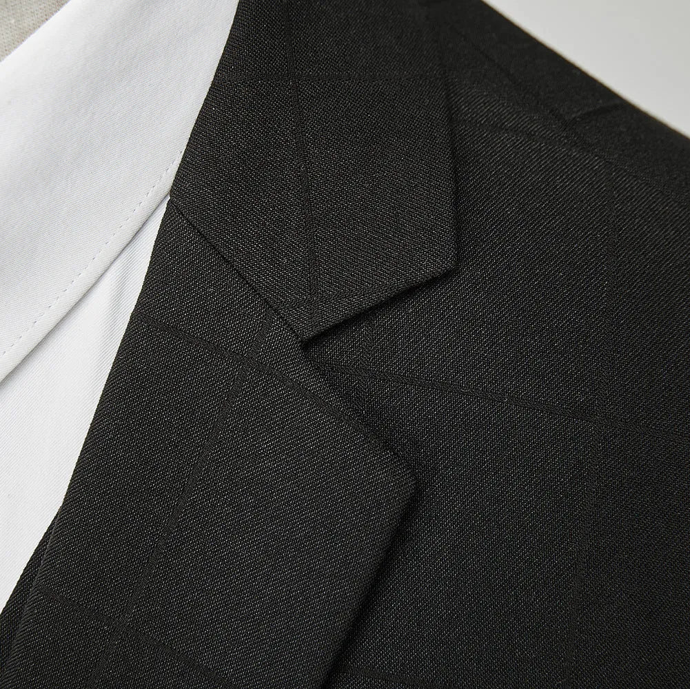 Men's navy blue slim fit three-piece suit with vest, jacket, and trousers for business casual occasions