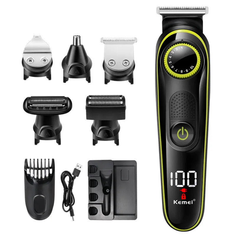 Black KM-696 household electric hair clipper set with USB charging cable and cleaning brush.