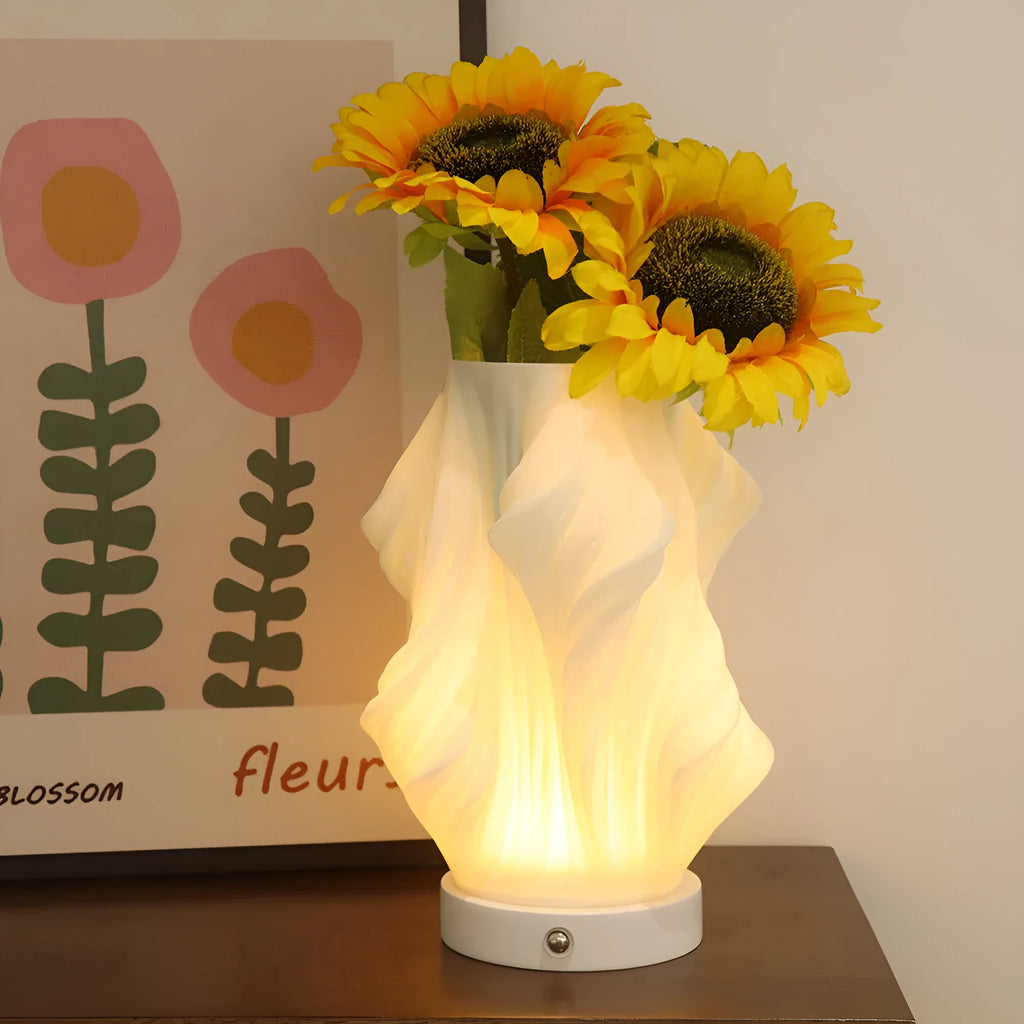 3D printed cylindrical vase night lamp in wood colour finish on a modern bedside table
