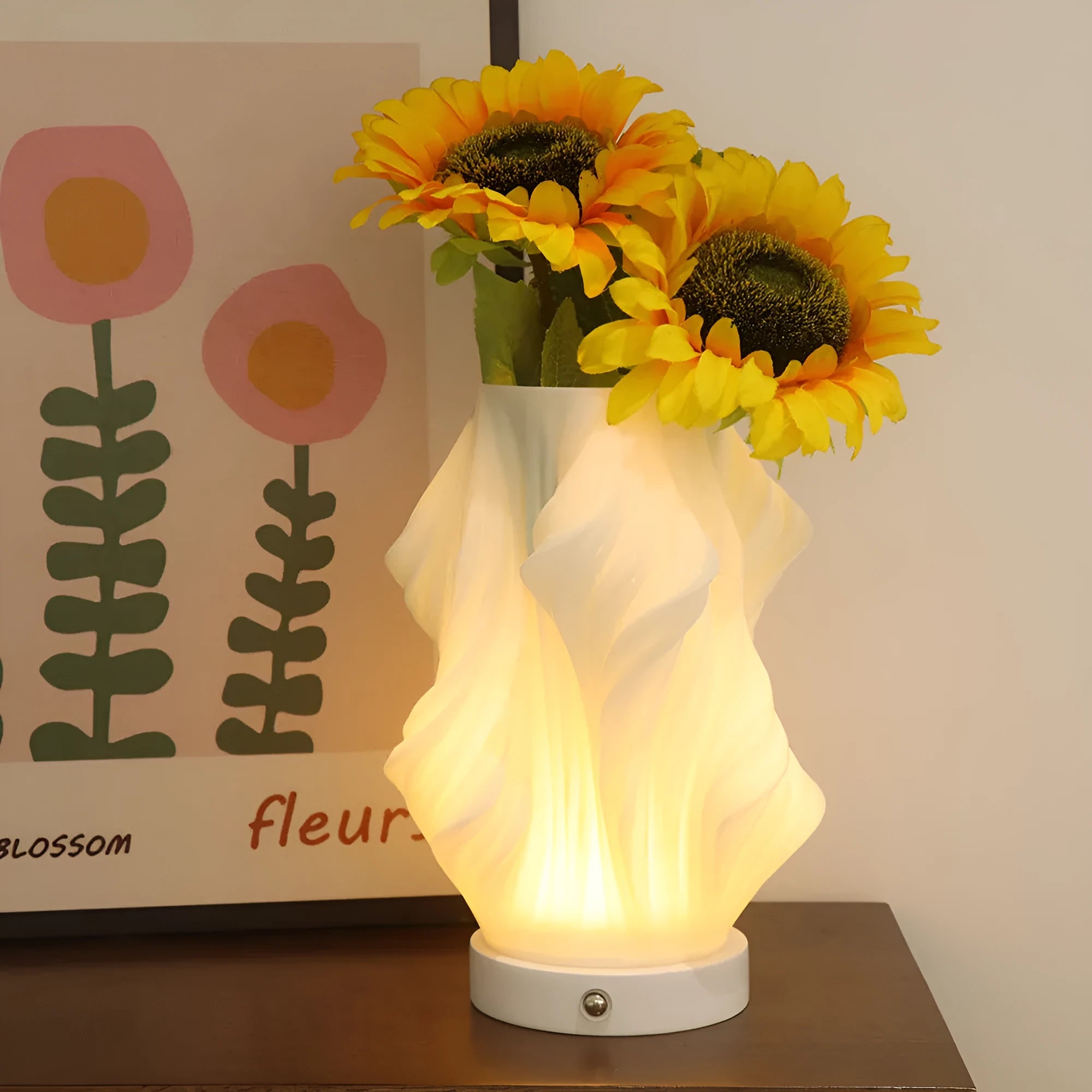 3D printed cylindrical vase night lamp in wood colour finish on a modern bedside table