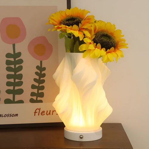 3D printed cylindrical vase night lamp in wood colour finish on a modern bedside table