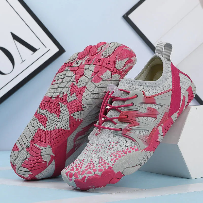 Men's and women's quick-drying wading beach shoes with mesh upper, non-slip rubber sole, and front lace-up design in multiple colours