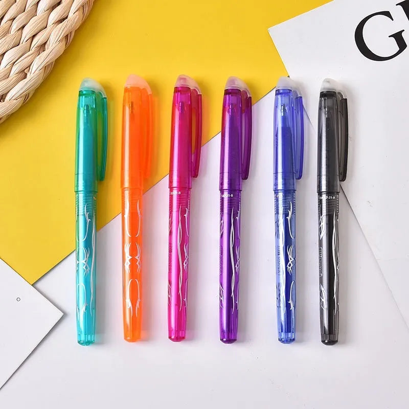 Set of heat-erasable gel pens with plastic barrels and stainless steel tips, showing assorted colours.