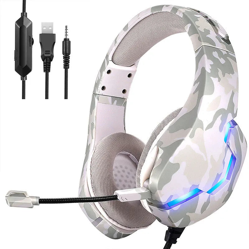 Wired gaming headset with cloth ear cushions and braided cable in camouflage design