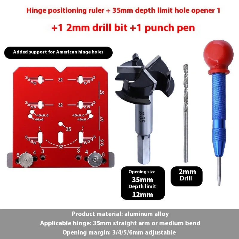 Red aluminium hinge locating tool with adjustable margin settings for 35mm cabinet door hinges