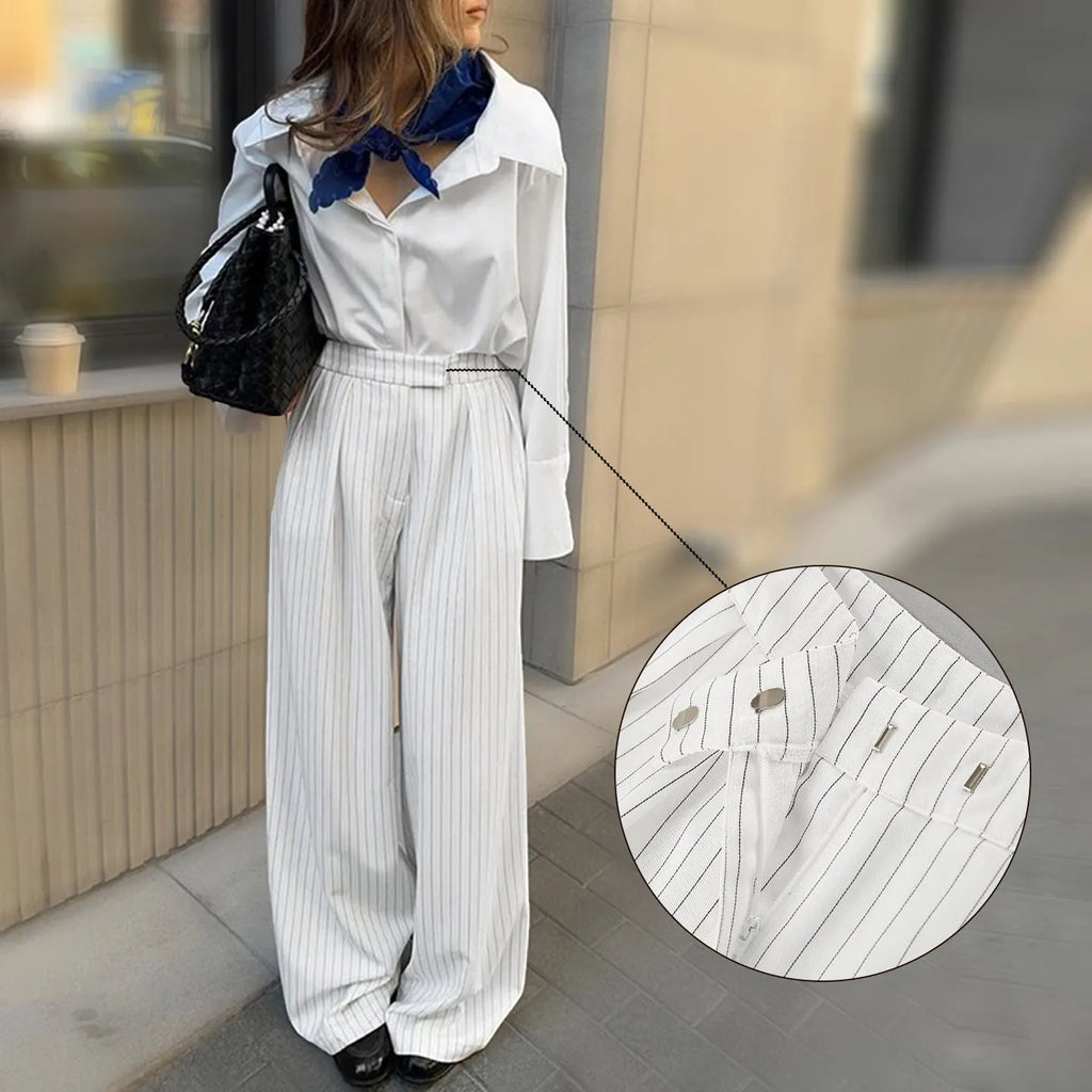 White striped loose fit wide-leg commuter trousers with zip fastening