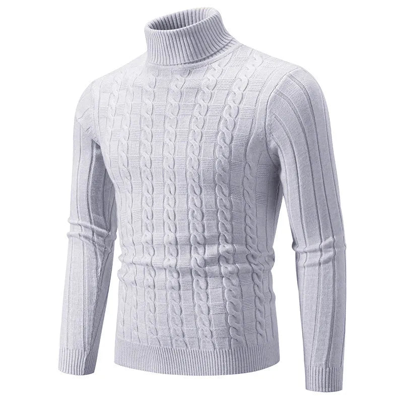 Men's slim fit chenille turtleneck pullover sweater in milky white on a model.
