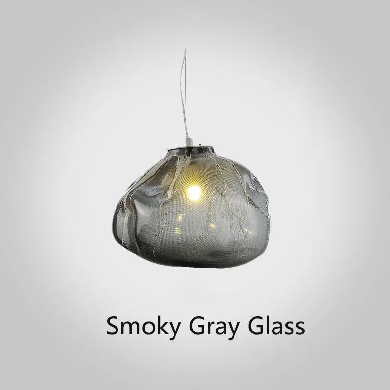 Modern fabric-style glass LED chandelier with clear, amber, or smoke grey shade, shown in small and large sizes.