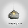 Modern fabric-style glass LED chandelier with clear, amber, or smoke grey shade, shown in small and large sizes.