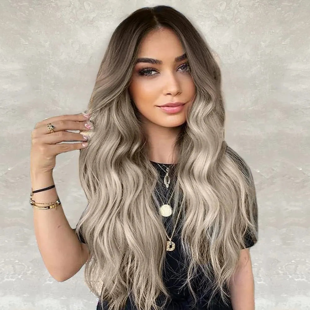 Front lace wig with medium large wavelength curly hair and long bangs for ladies in style shown