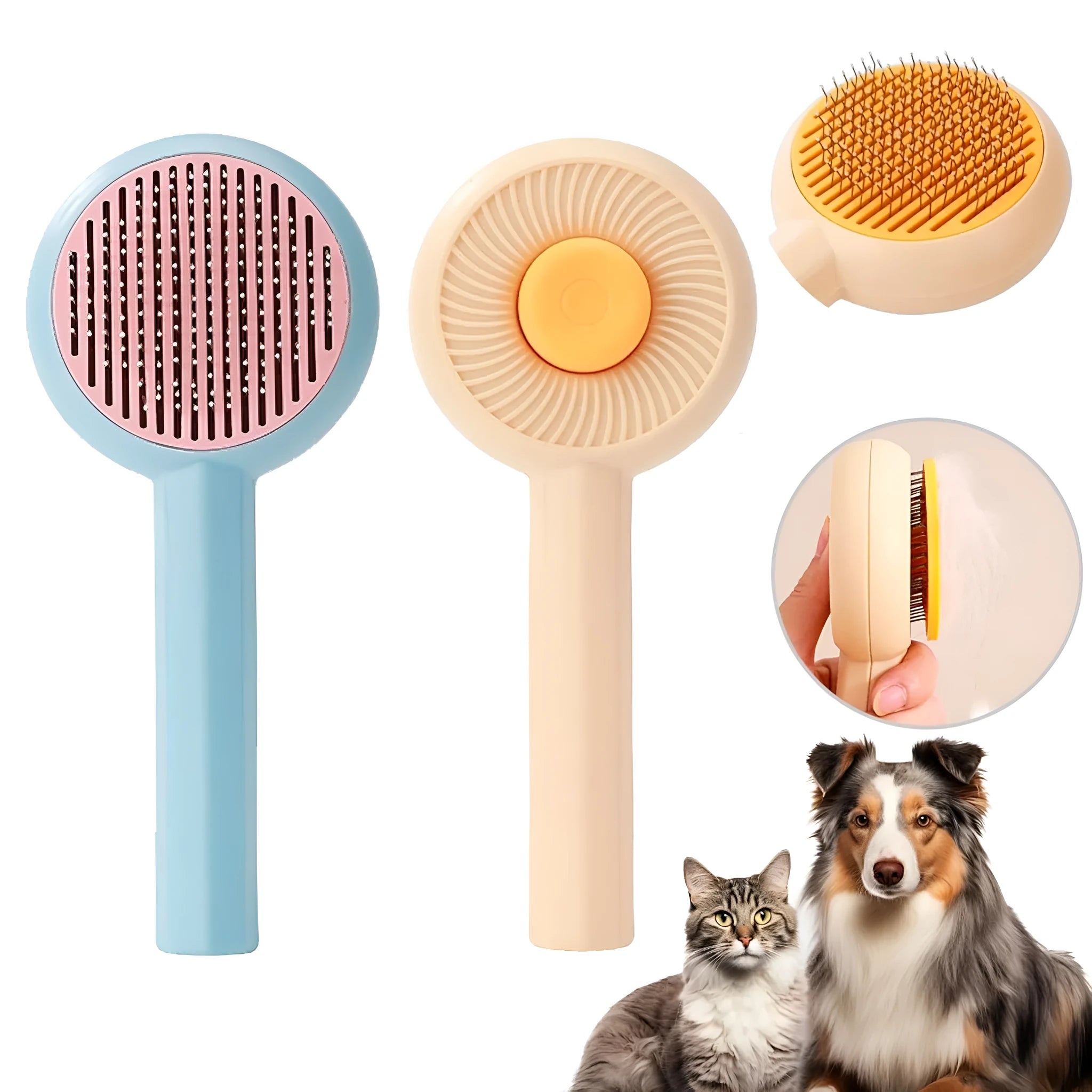 Blue pet grooming brush with self-cleaning button and angled metal bristles