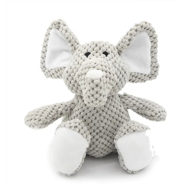 Dog plush squeaky toy in animal shape – donkey, elephant, orangutan, or rabbit – for teeth cleaning and interactive play