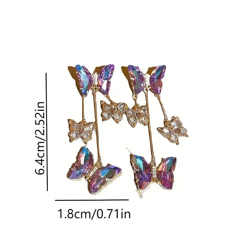 Silver needle electroplated alloy earrings with blue purple butterfly tassel and crystal flower details