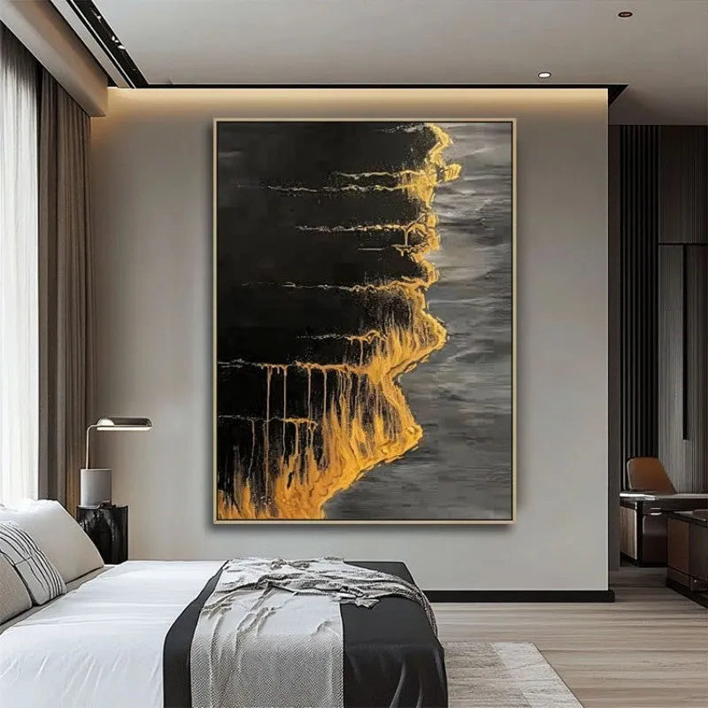 Hand-painted abstract golden beach and waves texture oil painting on canvas wall art for living room decor