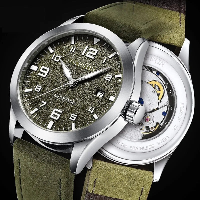 Men's black and silver automatic mechanical watch with leather strap showing 12mm thickness