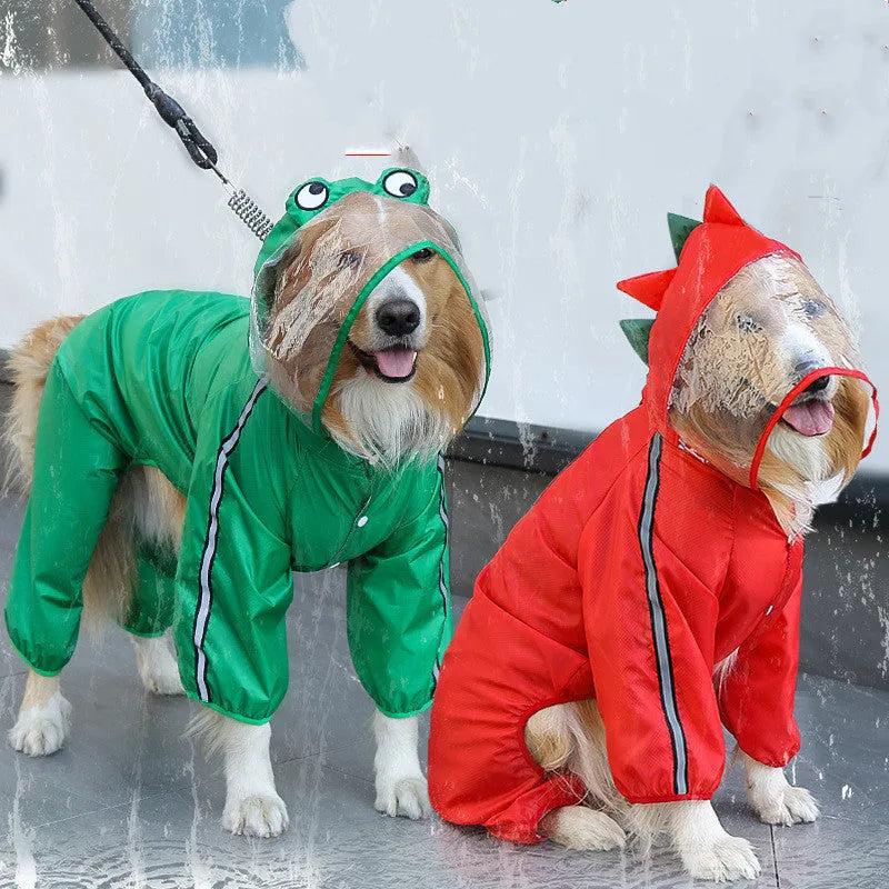 Four legged pet raincoat in green plastic waterproof material for dogs sizes XS to 7XL