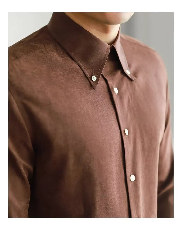 Men's pure color artistic lazy trendy shirt in cotton blend, brown, front view