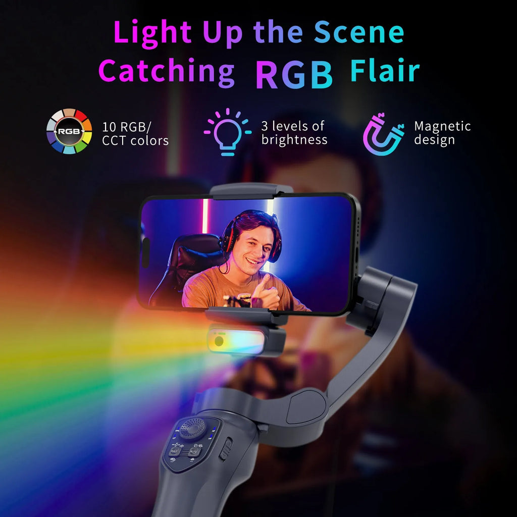 Gun colour foldable handheld camera stabiliser showing USB charging port.