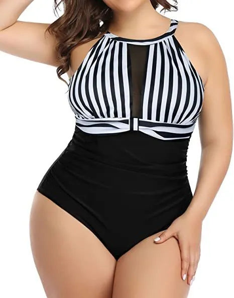 Women's black lace one-piece swimsuit on a mannequin, plus size swimwear option
