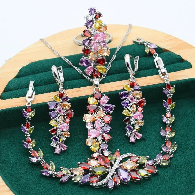 Retro alloy copper inlaid zircon jewellery set with plant and flower pattern in olive purple and colourful