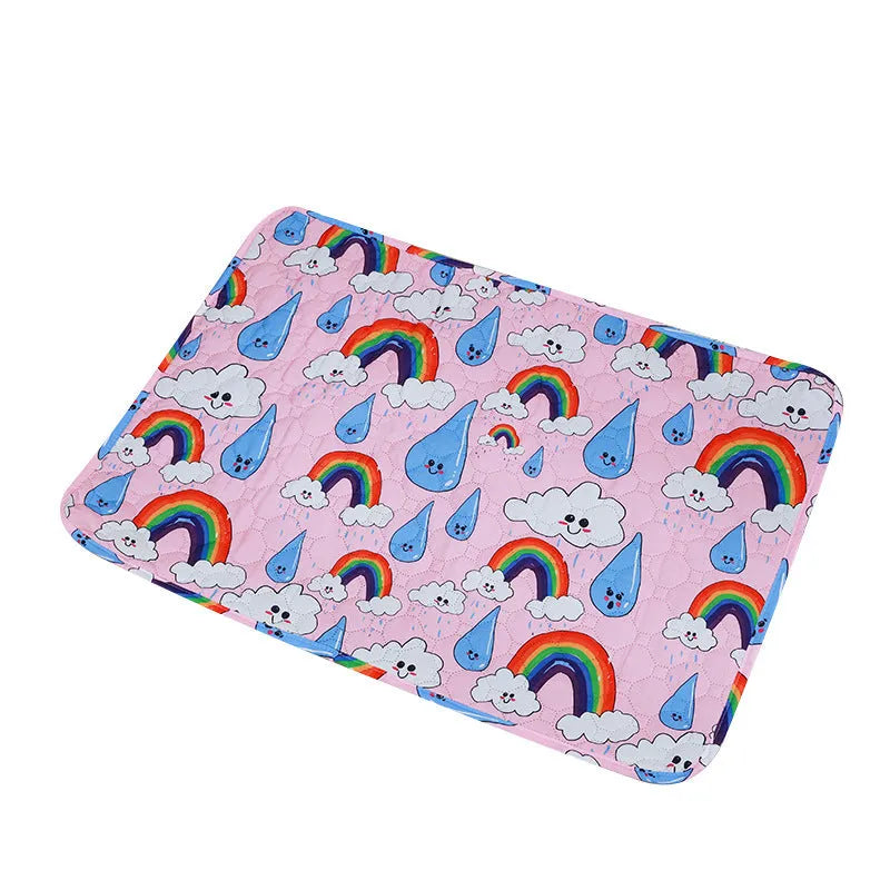 Washable waterproof pet urine pad showing animal pattern design and size options