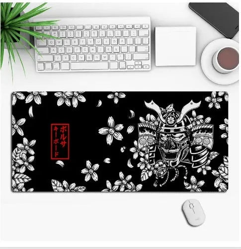 Custom anime graphic gaming mouse pad with non-slip rubber base on a desk.