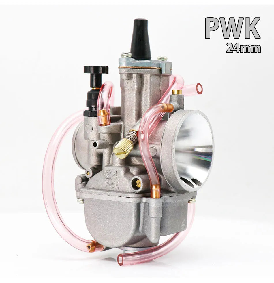 PWK sandblasted motorcycle carburetor for performance modification, showing seven size options from 21mm to 34mm.