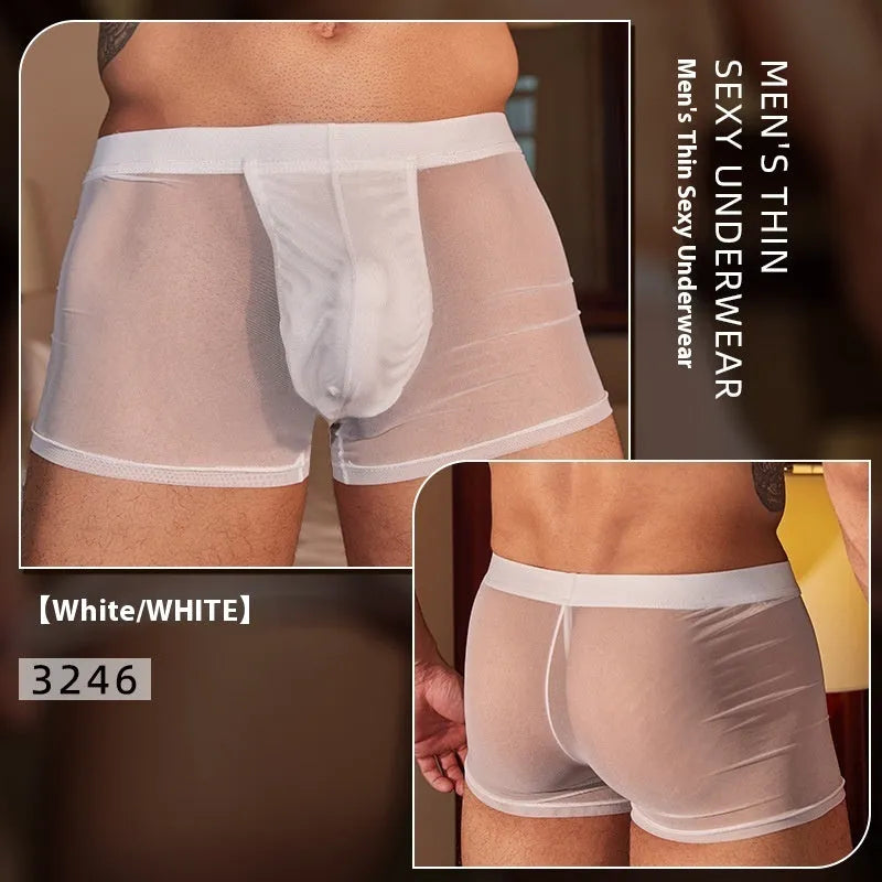 Men's black and white ultra-thin nylon boxer briefs laid flat.