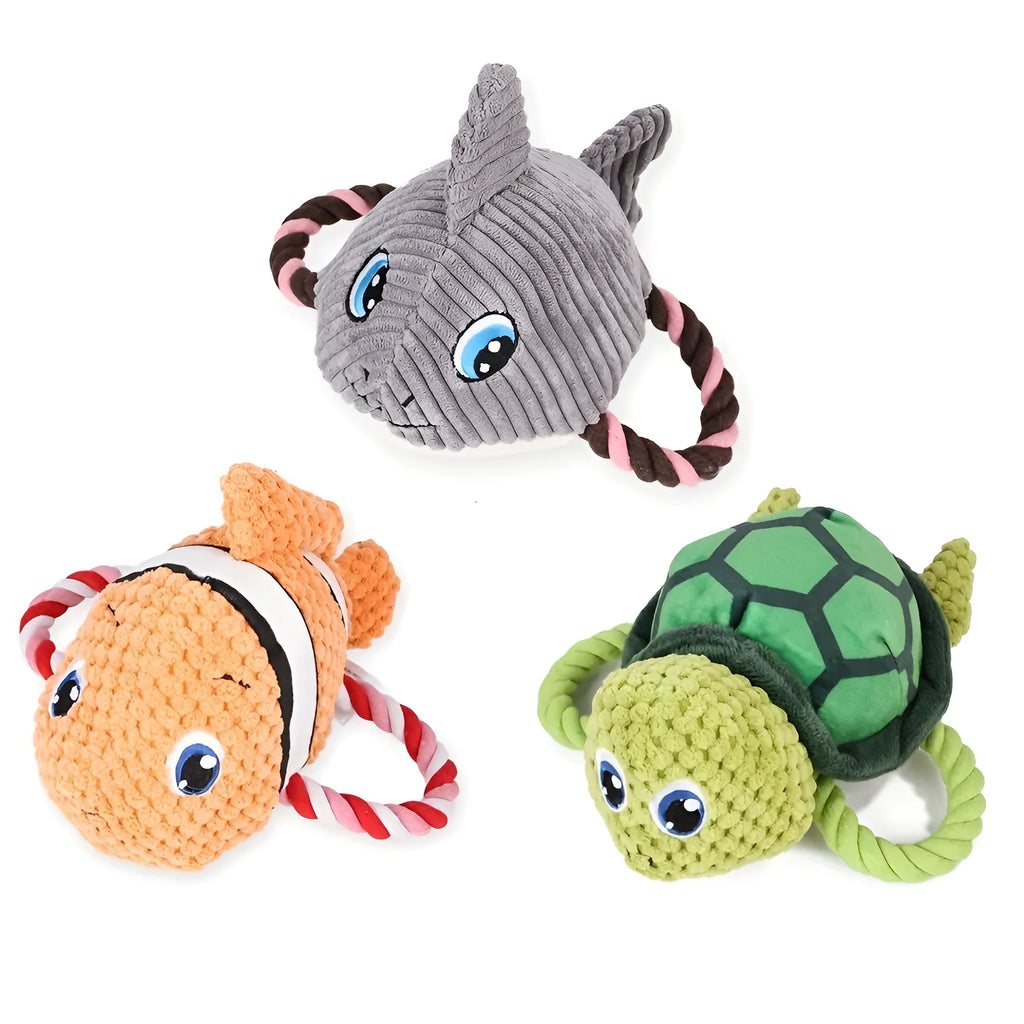 Turtle-shaped dog chewing toy with knotted texture in grey, green, or orange colour