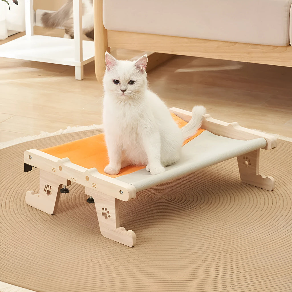 Wooden cat hanging bed hammock showing seven different style installation options