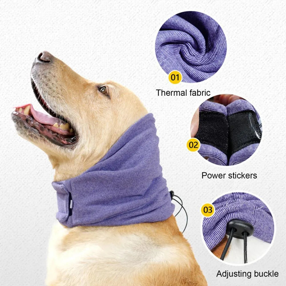 Dog wearing black calming hoodie head cover with ear wrap for noise reduction