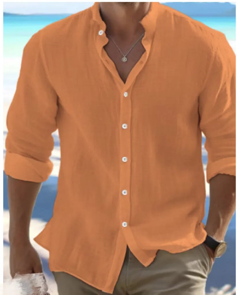 Men's casual long-staple cotton button-up summer shirt on a hanger.