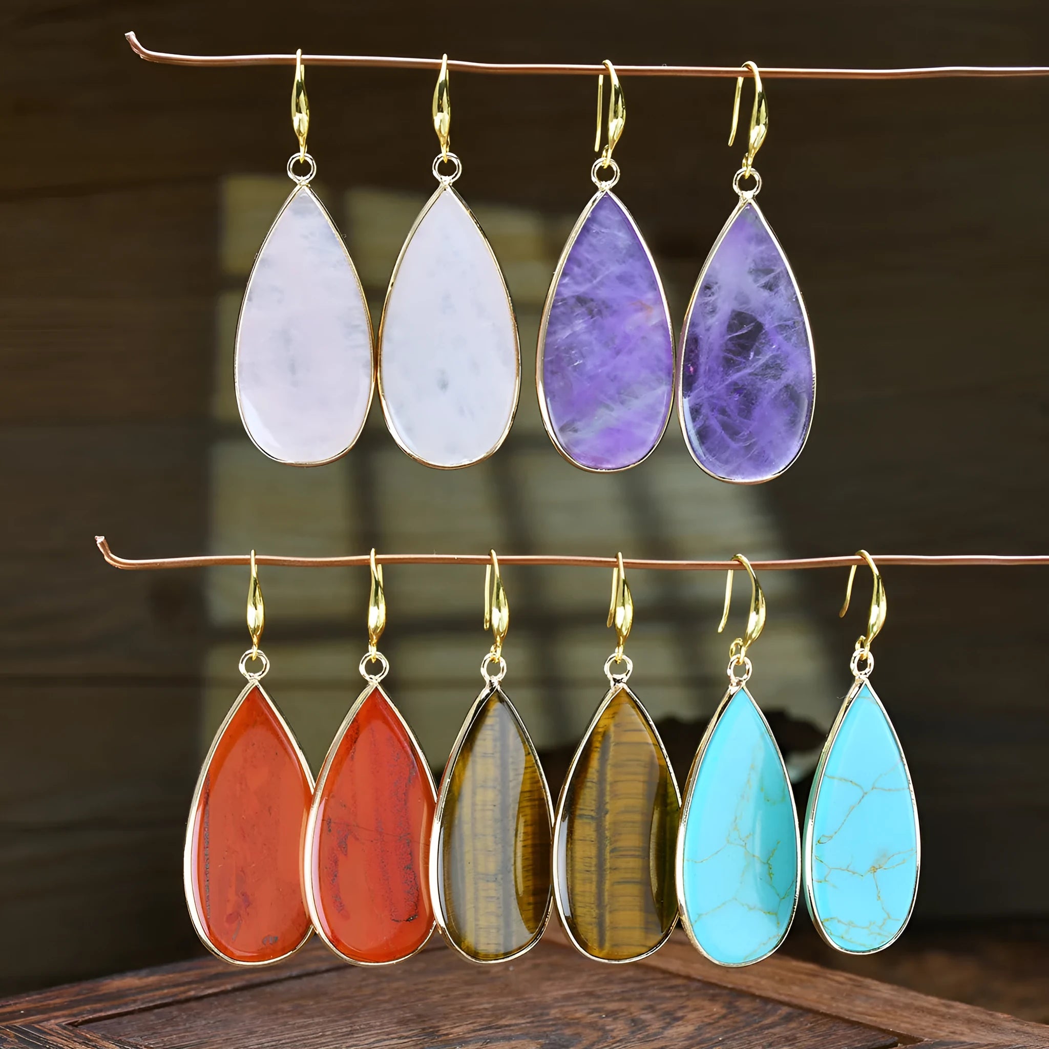 Vintage Tigereye drop-shaped earrings with long water drops design in natural stone