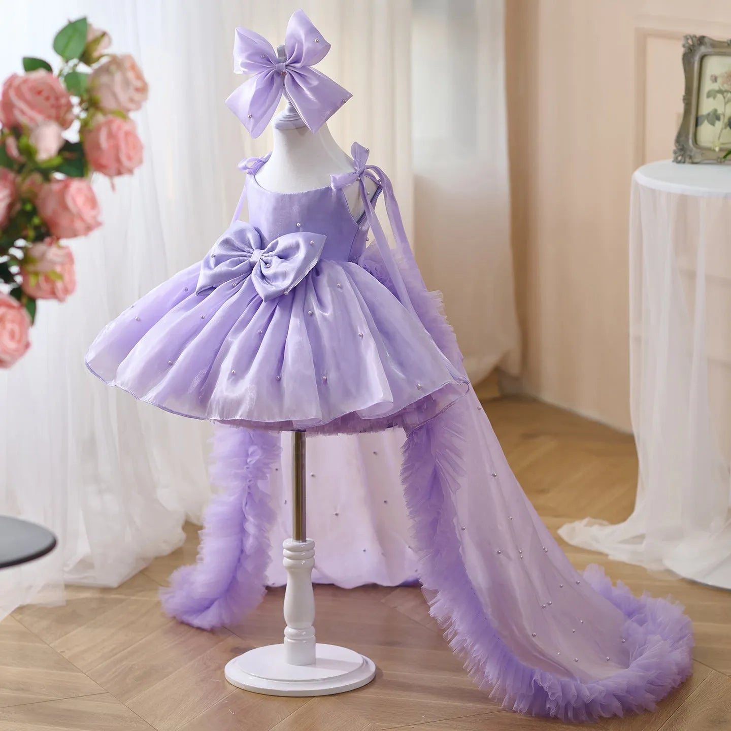 Girls' purple beaded trailing princess dress made from polyester fibre, suitable for heights 80cm to 160cm